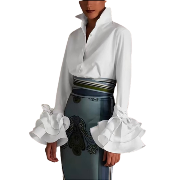 Elegant Layered Ruffle Sleeve Button Up Turn Down Collar Blouse - Picture 3 of 9